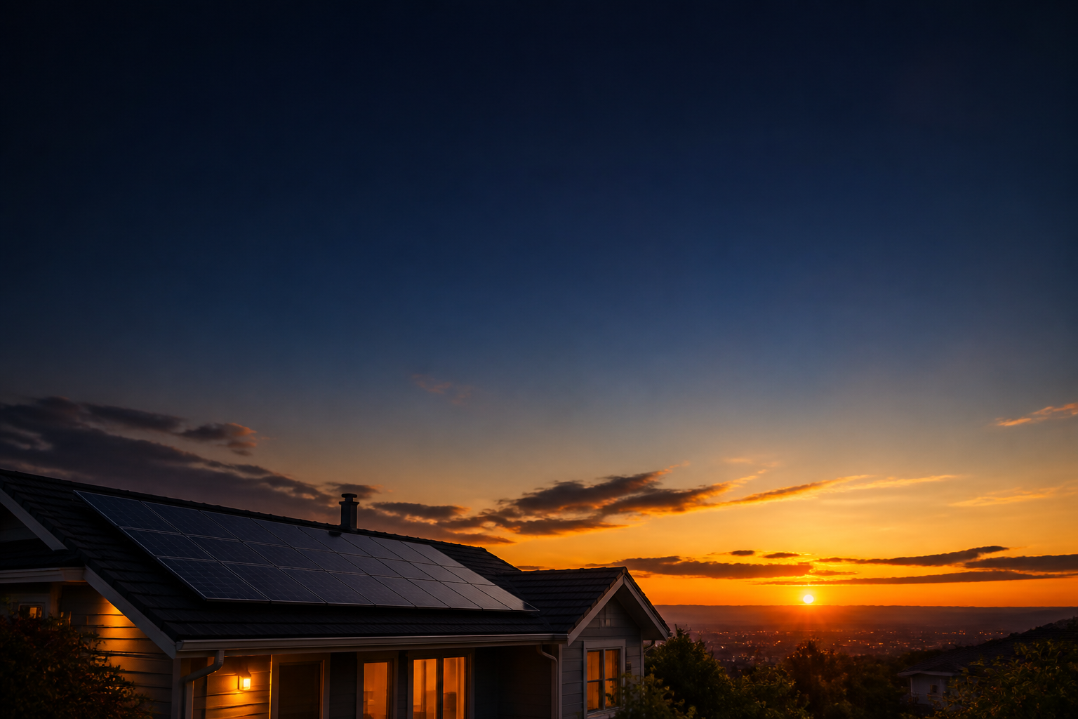 Maryland rooftop with solar panels at sunset