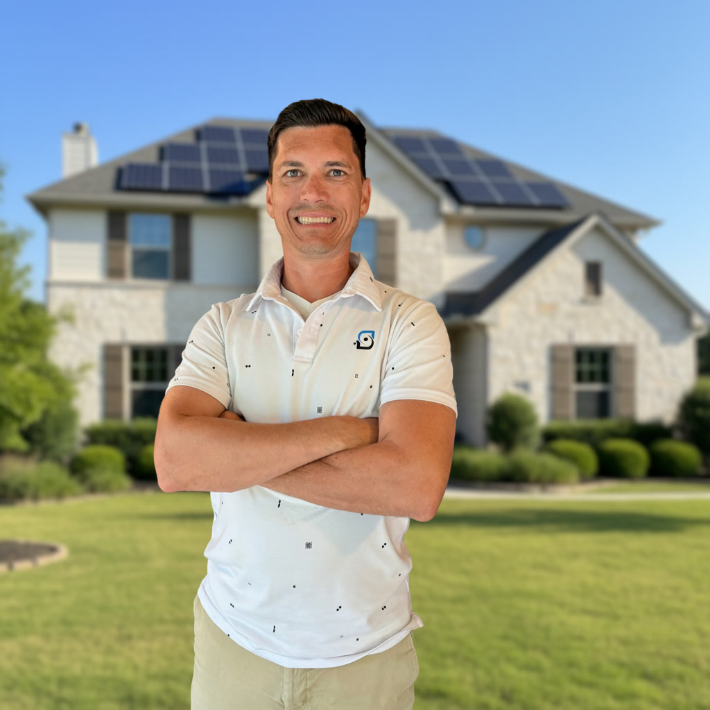 Jordan, Infinity Solar Maryland advisor, standing in front of a home with solar panels