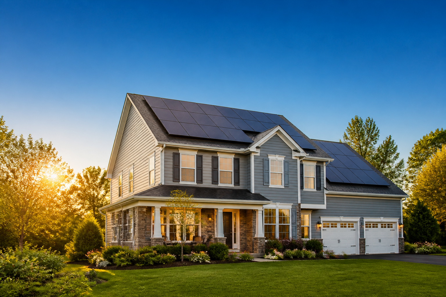 Solar panels installed on the roof of a Maryland-style suburban home